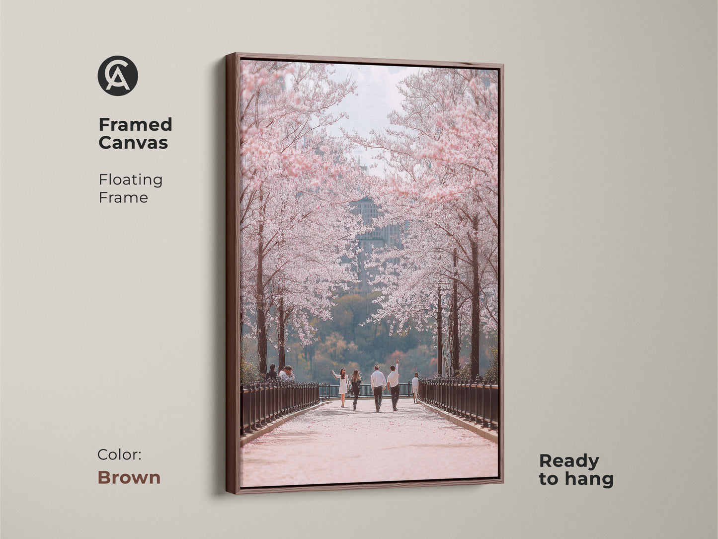 Enhance your space with this framed canvas art. A brown floating frame highlights a couple walking under cherry blossoms. This contemporary nature art adds elegance to any room. Ready to hang this romantic spring scene brings seasonal beauty to your home.