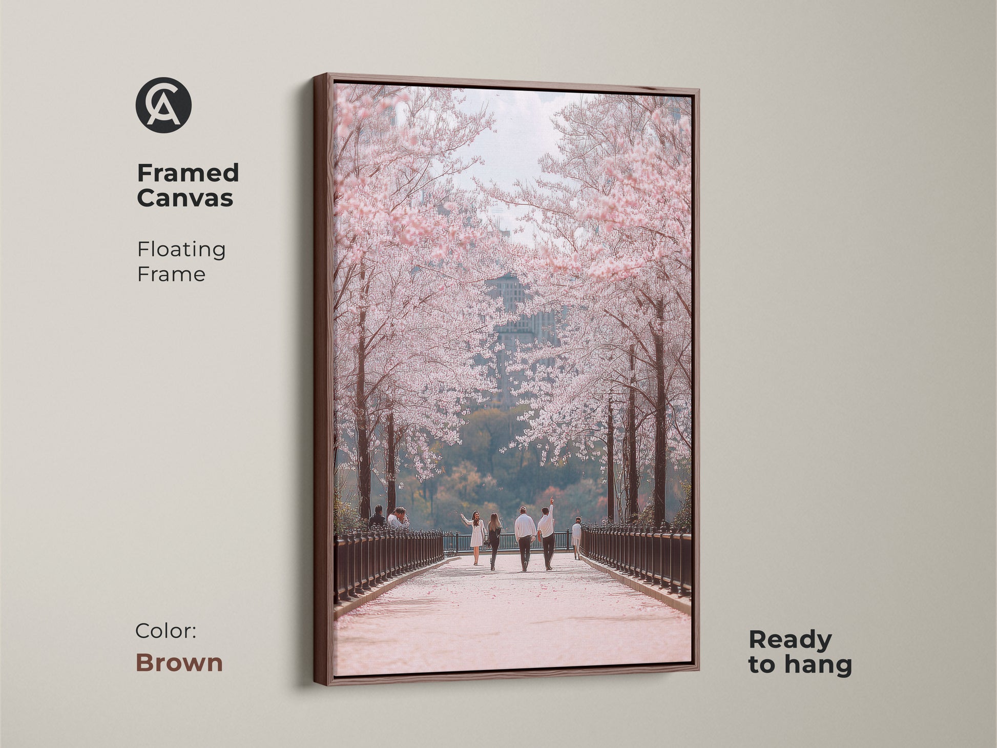 Enhance your space with this framed canvas art. A brown floating frame highlights a couple walking under cherry blossoms. This contemporary nature art adds elegance to any room. Ready to hang this romantic spring scene brings seasonal beauty to your home.