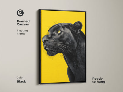 Black framed canvas art featuring a detailed black panther portrait set against a yellow background. This floating frame enhances the modern appeal of the wildlife artwork. The framed animal art is ready to hang making it a perfect addition to your home decor. The panther art is a bold statement piece.