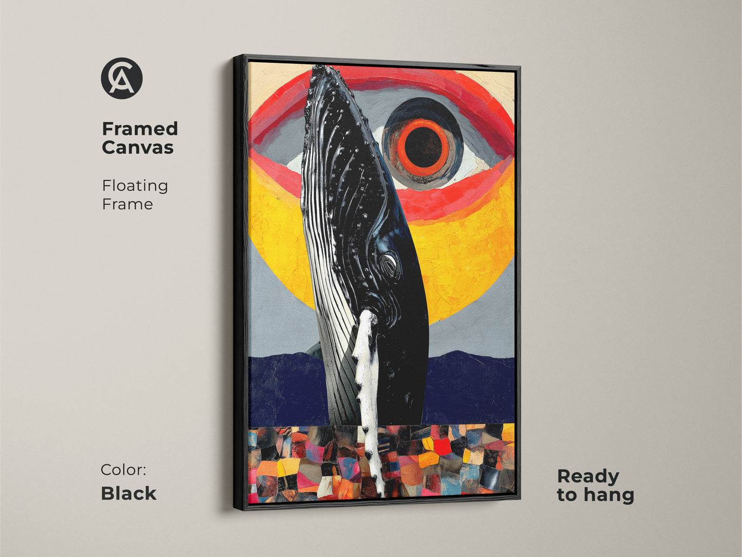 Framed canvas showcasing a surreal whale eye art print. The floating frame adds to this ocean creatures eclectic office wall art gift. The black frame highlights the yellow red and gray tones creating bold color abstract canvas. Ready to hang it is a modern wall art for your living room.