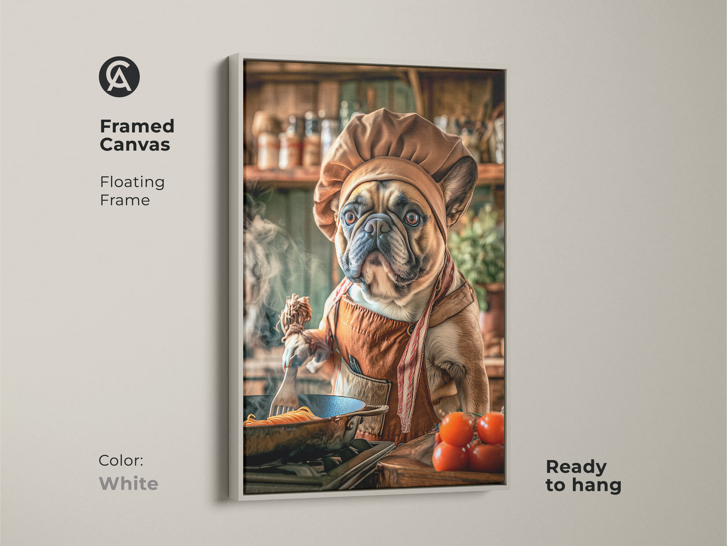 White framed canvas featuring a French Bulldog chef cooking. This dog lover birthday gift is ready to hang. This animal theme wall artwork is a cute dog art print with a fun cooking theme.