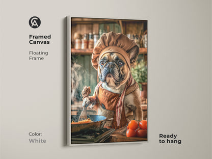 White framed canvas featuring a French Bulldog chef cooking. This dog lover birthday gift is ready to hang. This animal theme wall artwork is a cute dog art print with a fun cooking theme.