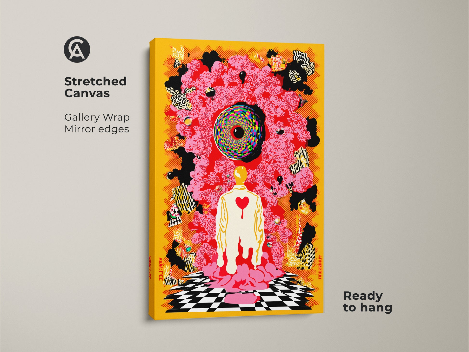 Stretched Canvas shows a gallery wrapped eclectic abstract print. The eye-catching yellow red black psychedelic artwork features a surrealist human figure. This unique wall decor piece is ready to hang for any art lover.