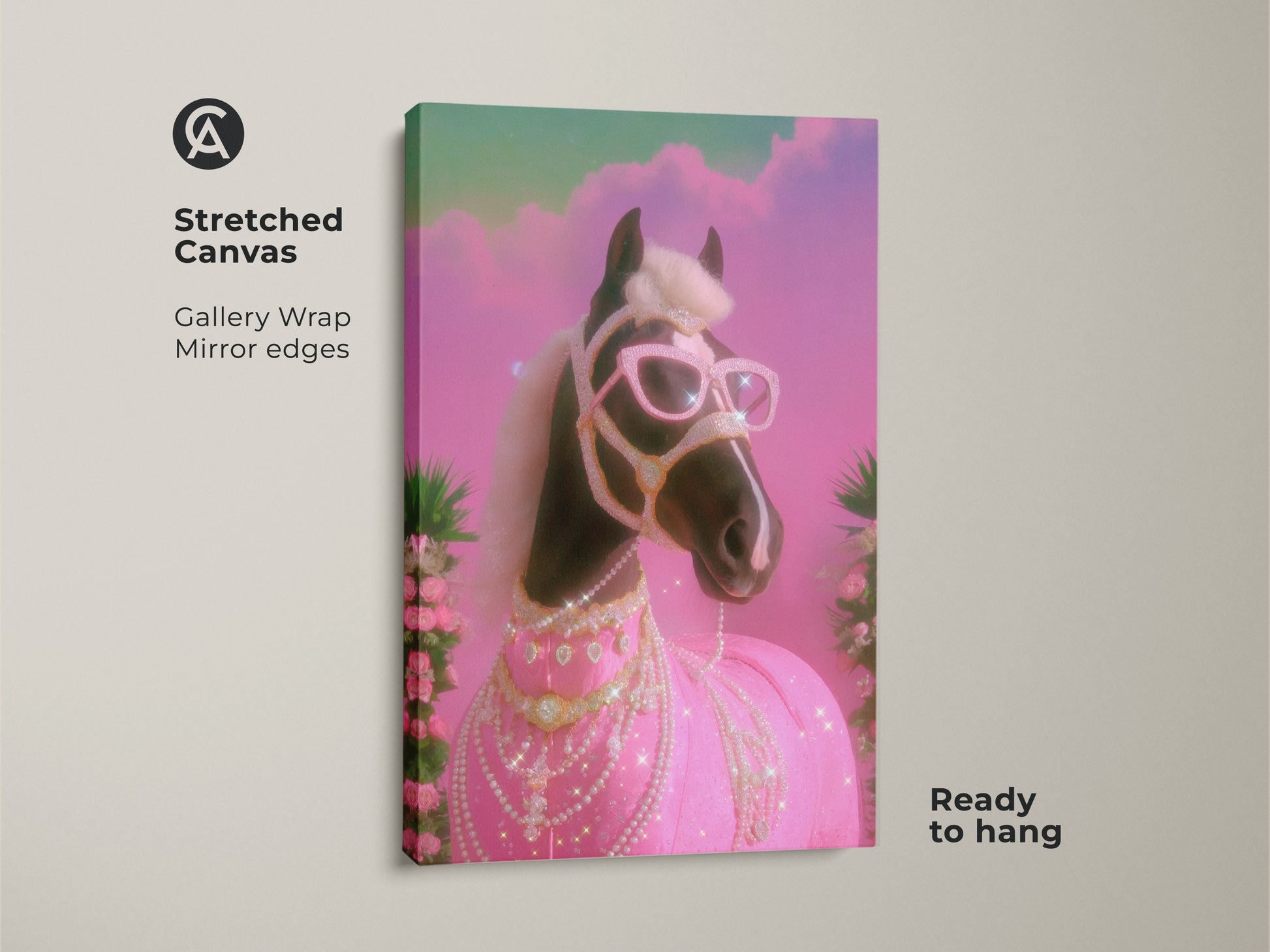 Stretched Canvas of a Pink Teal Y2K Glam Horse Print. This pop surrealism animal art features mirror edges and is ready to hang. The diamond horse artwork is perfect for eclectic bedroom decor. This is a great horse lover birthday gift or fashion horse art print.