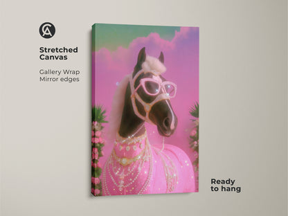 Stretched Canvas of a Pink Teal Y2K Glam Horse Print. This pop surrealism animal art features mirror edges and is ready to hang. The diamond horse artwork is perfect for eclectic bedroom decor. This is a great horse lover birthday gift or fashion horse art print.