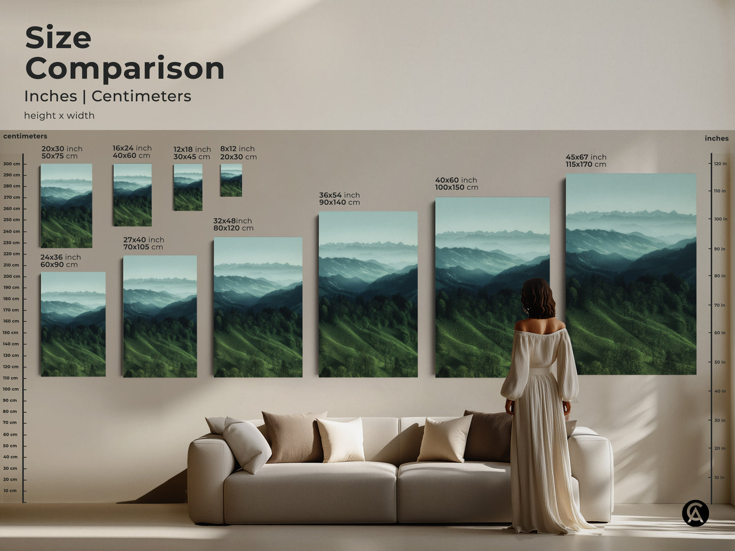 Size comparison of misty mountain landscape artwork. Various sizes displayed above a couch. Teal green nature artwork perfect for modern farmhouse decor. Ideal housewarming gift for hiker and outdoor lovers. Calming forest view art.