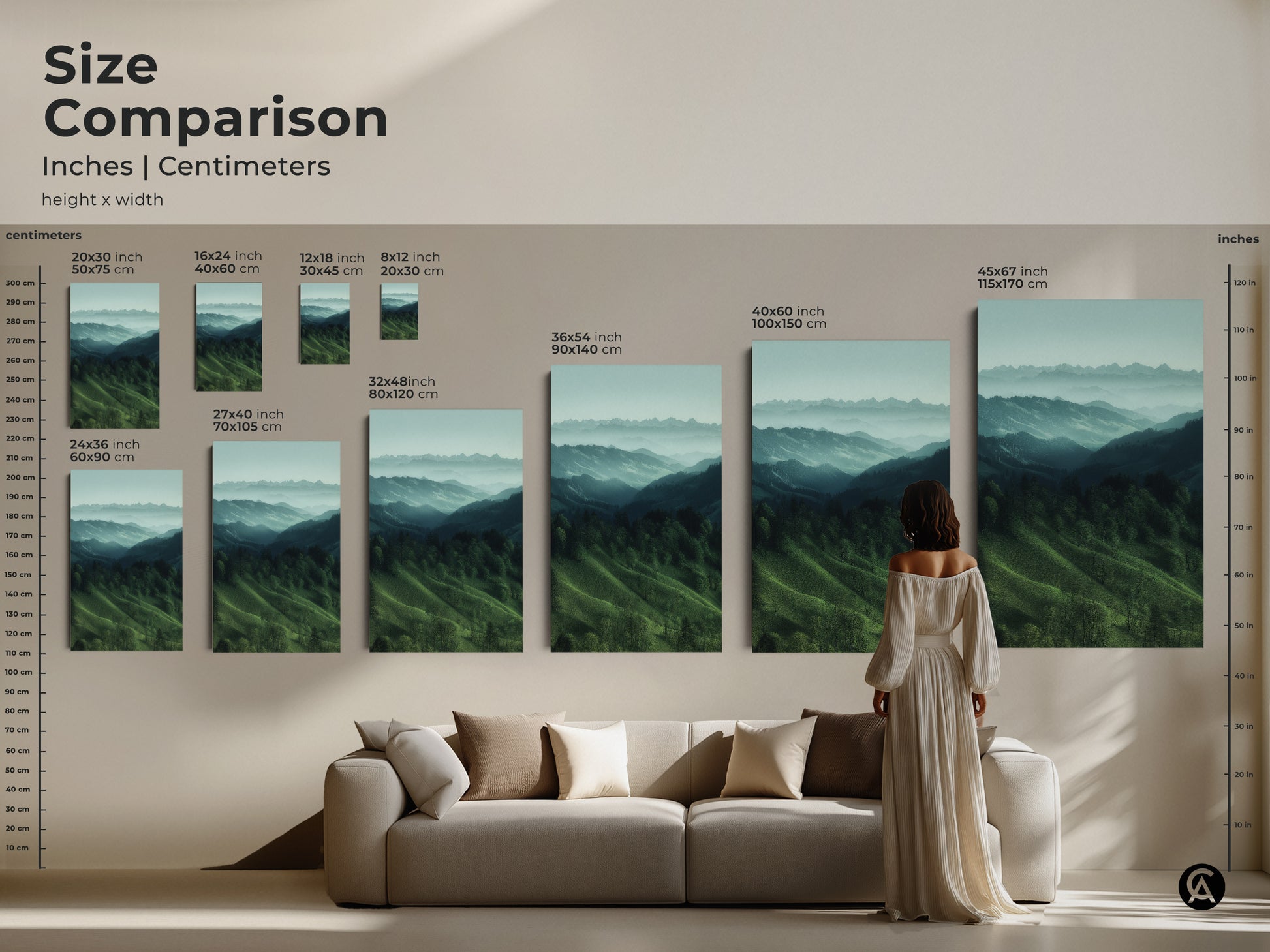 Size comparison of misty mountain landscape artwork. Various sizes displayed above a couch. Teal green nature artwork perfect for modern farmhouse decor. Ideal housewarming gift for hiker and outdoor lovers. Calming forest view art.