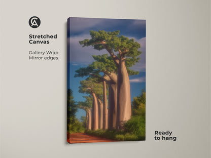 Stretched canvas of Baobab trees wall art print. The African savanna landscape brings nature indoors. This photorealistic artwork with gallery wrapped mirrored edges is ready to hang. It enhances boho home decor.