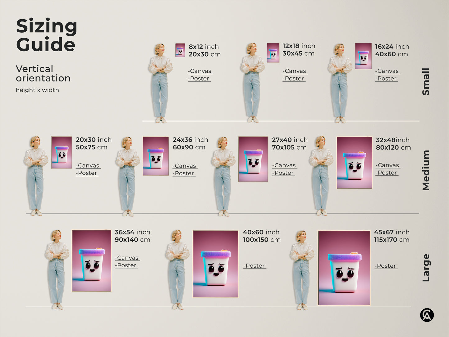 This is a sizing guide for the cute Kawaii ice cream cone artwork. Vertical orientation options include canvas and poster prints. Sizes range from small to large making it ideal kids' wall art.
