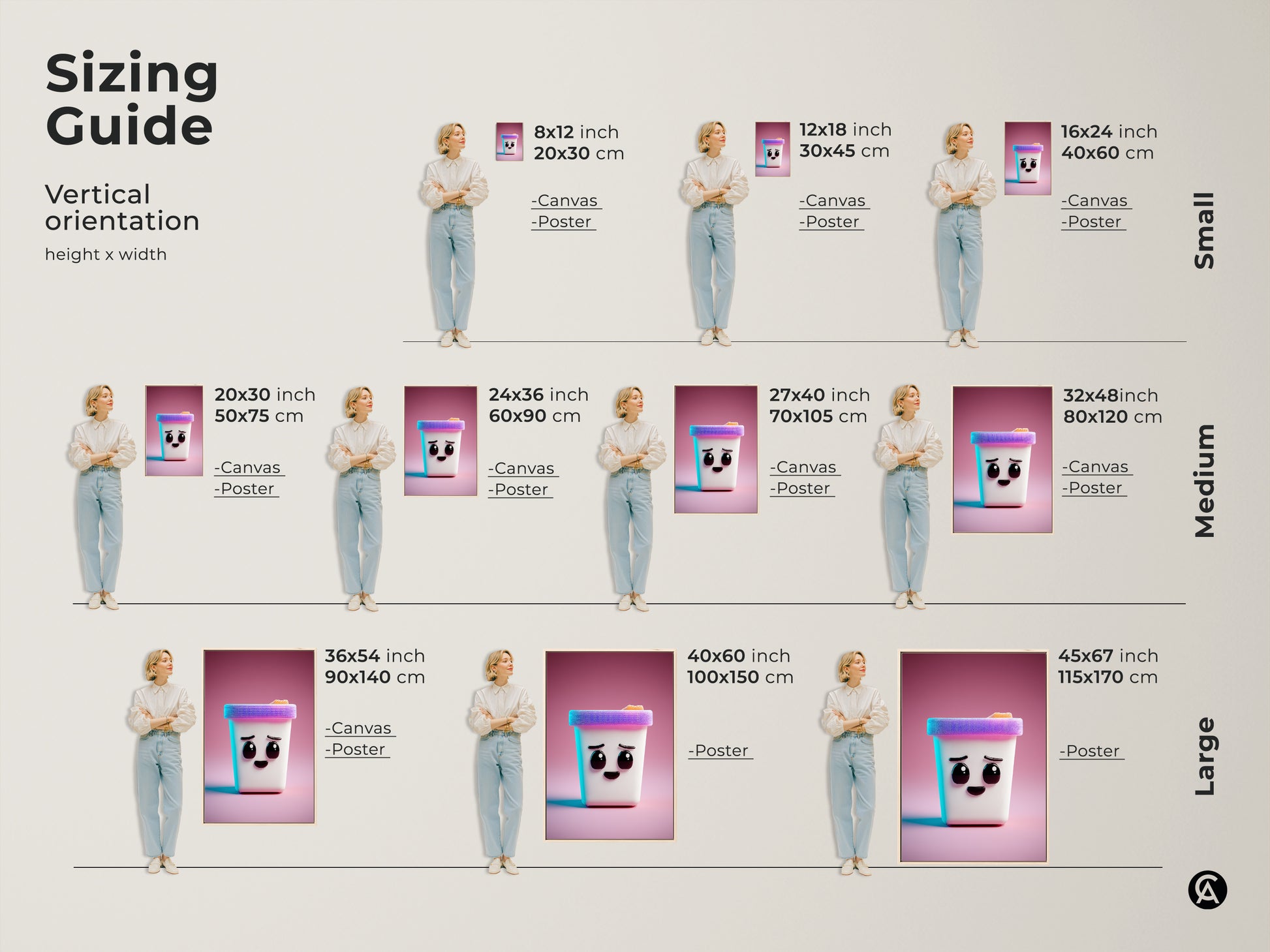 This is a sizing guide for the cute Kawaii ice cream cone artwork. Vertical orientation options include canvas and poster prints. Sizes range from small to large making it ideal kids' wall art.