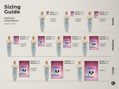 This is a sizing guide for the cute Kawaii ice cream cone artwork. Vertical orientation options include canvas and poster prints. Sizes range from small to large making it ideal kids' wall art.