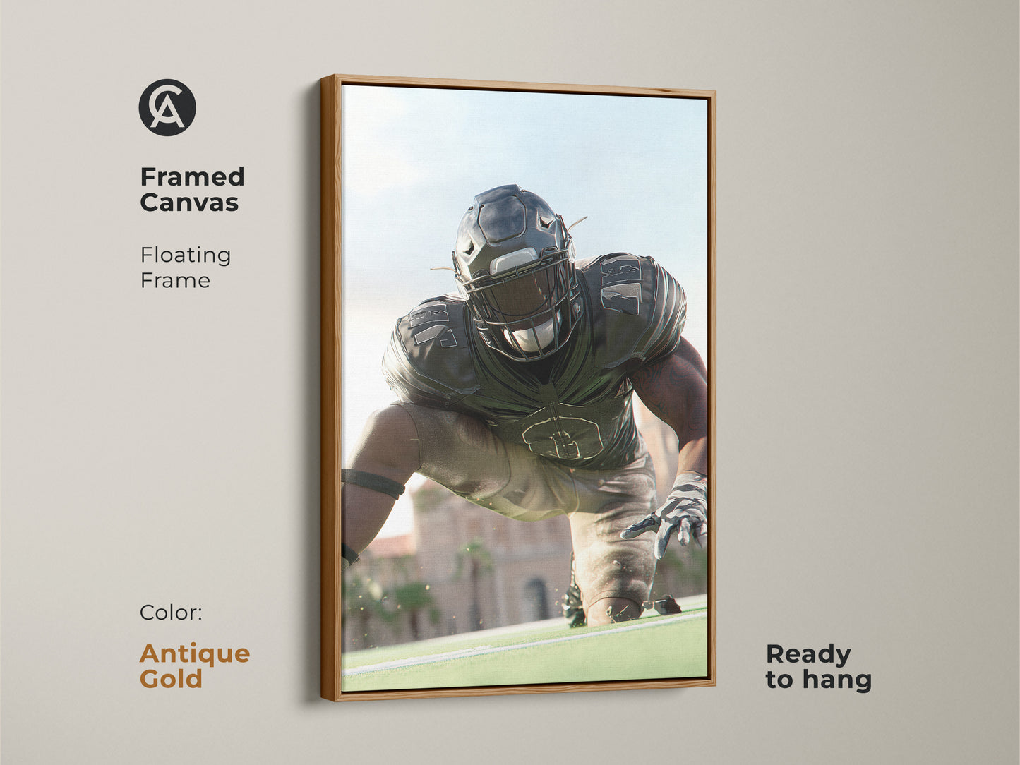 Framed Canvas with an Antique Gold Frame featuring an American Football Player. This realistic sports artwork is ready to hang. Perfect for a man cave or office adding a touch of dynamic action. An excellent gift for sports fans and football enthusiasts.