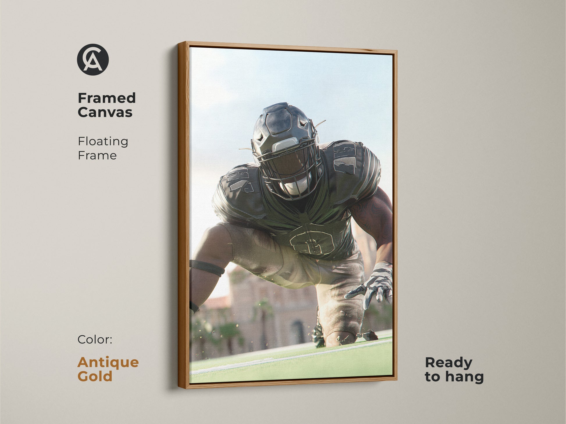 Framed Canvas with an Antique Gold Frame featuring an American Football Player. This realistic sports artwork is ready to hang. Perfect for a man cave or office adding a touch of dynamic action. An excellent gift for sports fans and football enthusiasts.
