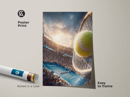 Poster print of a tennis ball hitting a racket. The artwork is rolled in a tube for easy framing. This museum-quality poster print captures the excitement of the game. The crowd is cheering in the background.