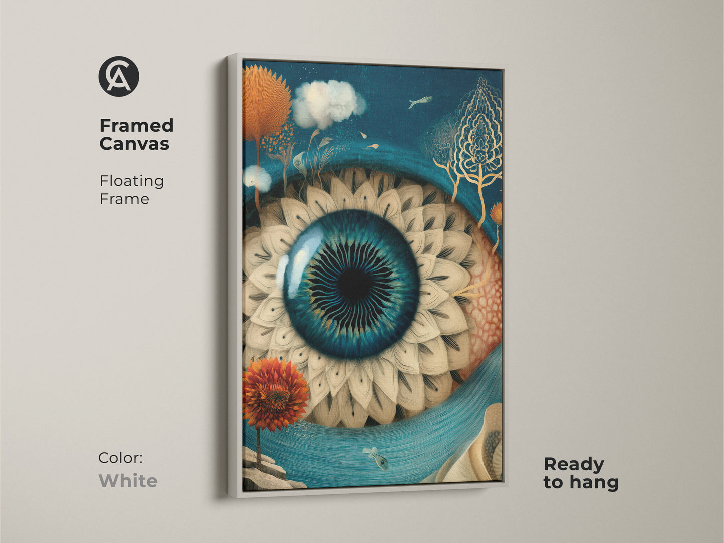 Framed canvas displaying an eclectic surreal eye artwork. The floating frame is white with a ready to hang feature. The deep blue gold colors enhance the fantasy fish wall decor. Perfect for adding unique art to any room.