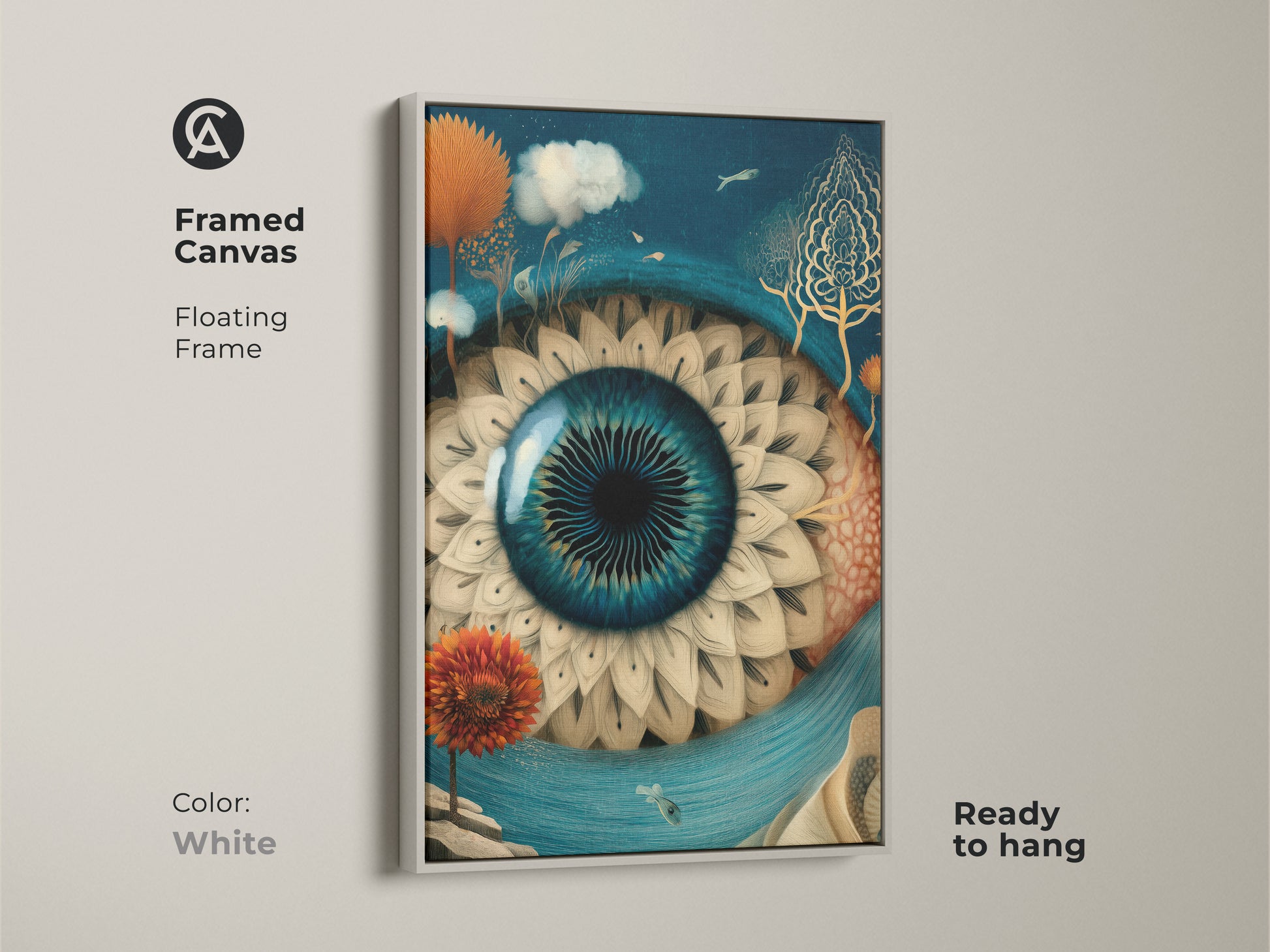 Framed canvas displaying an eclectic surreal eye artwork. The floating frame is white with a ready to hang feature. The deep blue gold colors enhance the fantasy fish wall decor. Perfect for adding unique art to any room.