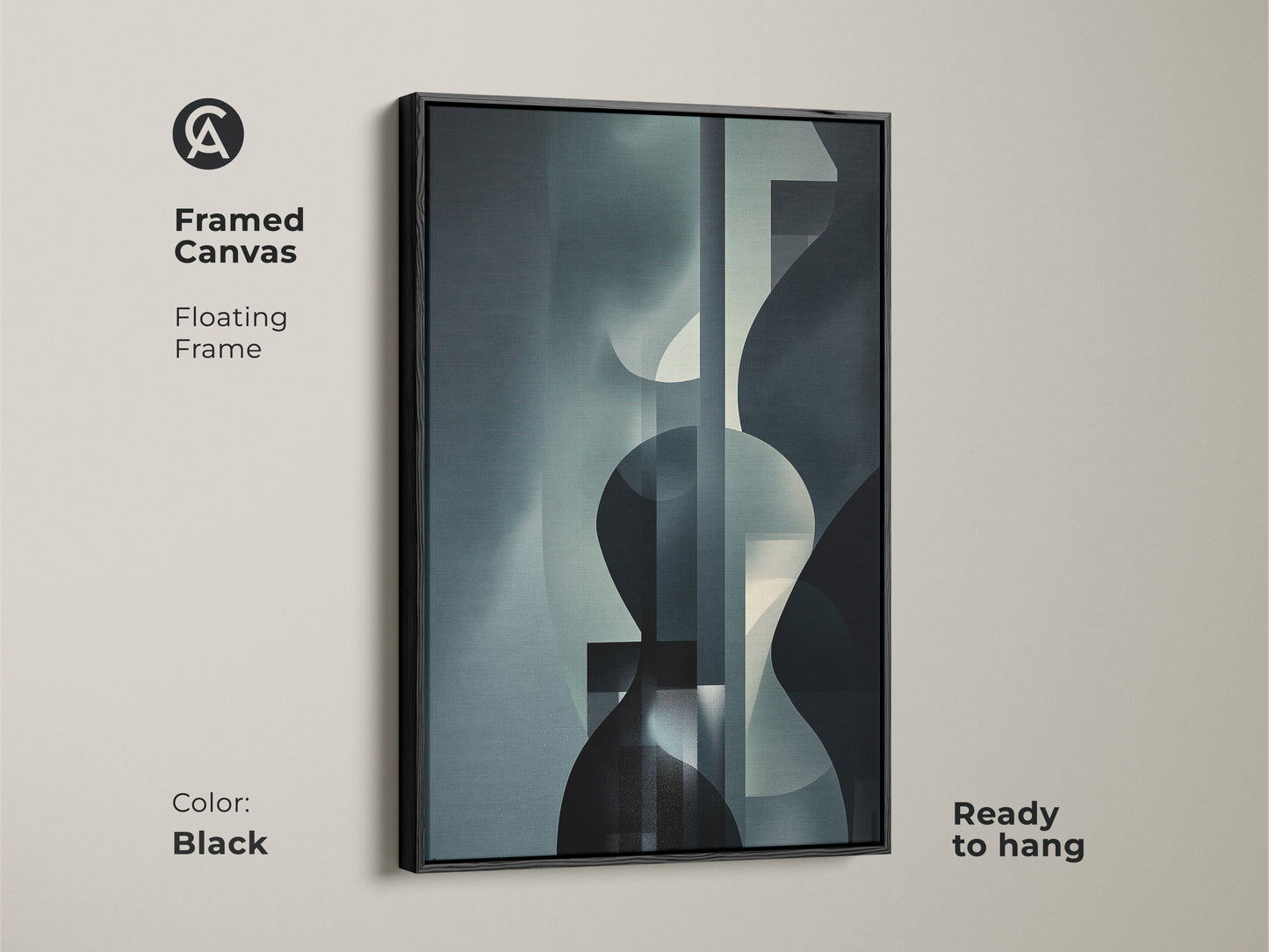 Framed canvas of geometric abstract art in navy gray and teal. This modern artwork features a black floating frame. Ready to hang for a touch of sophistication in any office or home.
