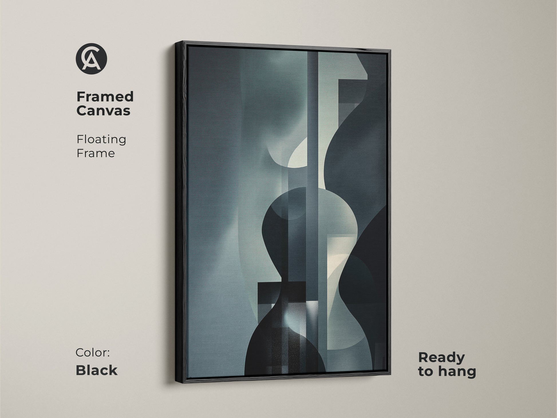 Framed canvas of geometric abstract art in navy gray and teal. This modern artwork features a black floating frame. Ready to hang for a touch of sophistication in any office or home.