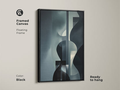 Framed canvas of geometric abstract art in navy gray and teal. This modern artwork features a black floating frame. Ready to hang for a touch of sophistication in any office or home.