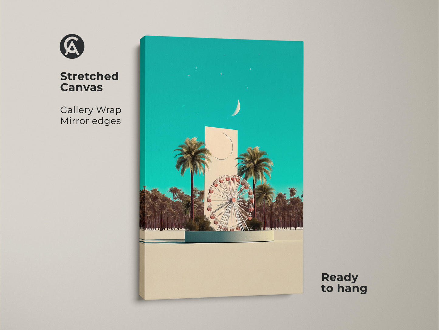 Stretched canvas print. Surreal Ferris wheel & palm trees add charm. Teal sky wall decor is striking. Gallery wrapped with mirrored edges. Ready to hang. Ideal housewarming gift for her.