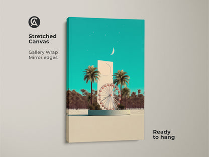Stretched canvas print. Surreal Ferris wheel & palm trees add charm. Teal sky wall decor is striking. Gallery wrapped with mirrored edges. Ready to hang. Ideal housewarming gift for her.