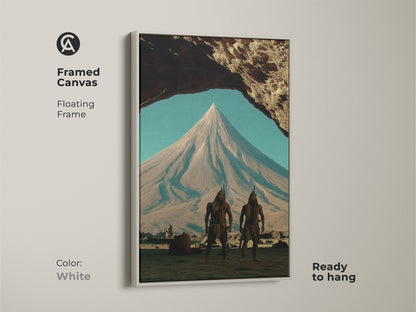 White framed canvas art featuring tribal warriors. Earth tones in a surreal fantasy landscape. Displayed is mountain peak scene art for home decor. This artwork is a unique gift for fantasy lovers and adventurers. It is ready to hang.