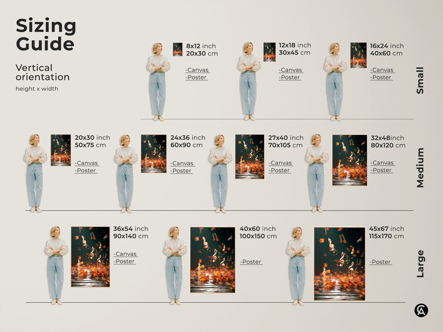 Sizing guide for vertical abstract music canvas art. Available in small medium and large sizes. Options include canvas and poster prints. Find the perfect fit for your space. Enhance your decor with this eclectic teal gold maple leaves artwork. Ideal for music lovers and autumn enthusiasts.