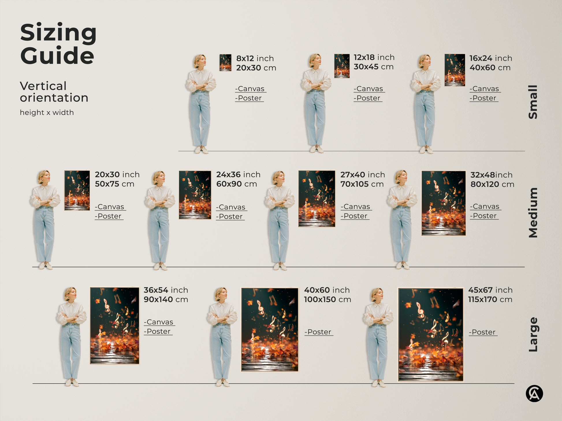Sizing guide for vertical abstract music canvas art. Available in small medium and large sizes. Options include canvas and poster prints. Find the perfect fit for your space. Enhance your decor with this eclectic teal gold maple leaves artwork. Ideal for music lovers and autumn enthusiasts.