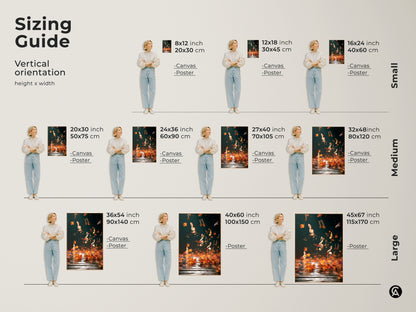 Sizing guide for vertical abstract music canvas art. Available in small medium and large sizes. Options include canvas and poster prints. Find the perfect fit for your space. Enhance your decor with this eclectic teal gold maple leaves artwork. Ideal for music lovers and autumn enthusiasts.