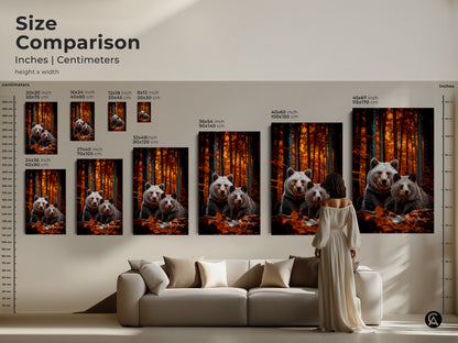 Size comparison of realistic bear family art. See how different sizes look in a living room setting. Visualize canvas and poster prints in inches and centimeters. Perfect for rustic animal decor and cozy home art. Choose the ideal size for your nature-themed space. The autumn forest art is warm and inviting