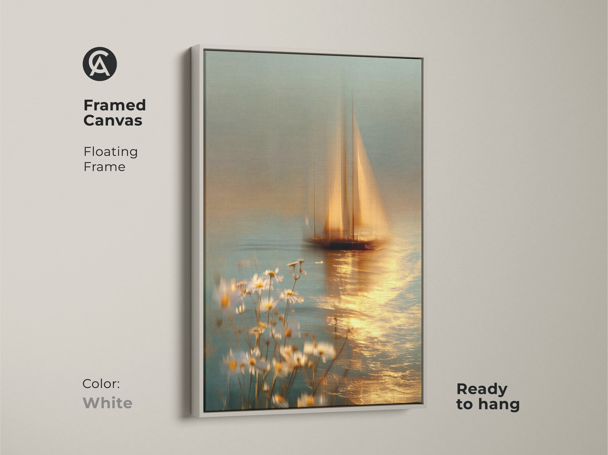 Framed canvas of a blue gold sailboat artwork in a white floating frame. Ready to hang with a dreamy seascape. This nautical canvas art features a sailboat and daisies. It adds a coastal aesthetic to any room. Perfect for sea lovers.