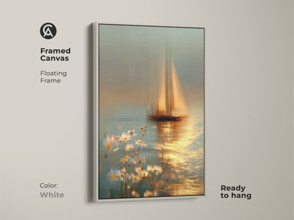 Framed canvas of a blue gold sailboat artwork in a white floating frame. Ready to hang with a dreamy seascape. This nautical canvas art features a sailboat and daisies. It adds a coastal aesthetic to any room. Perfect for sea lovers.