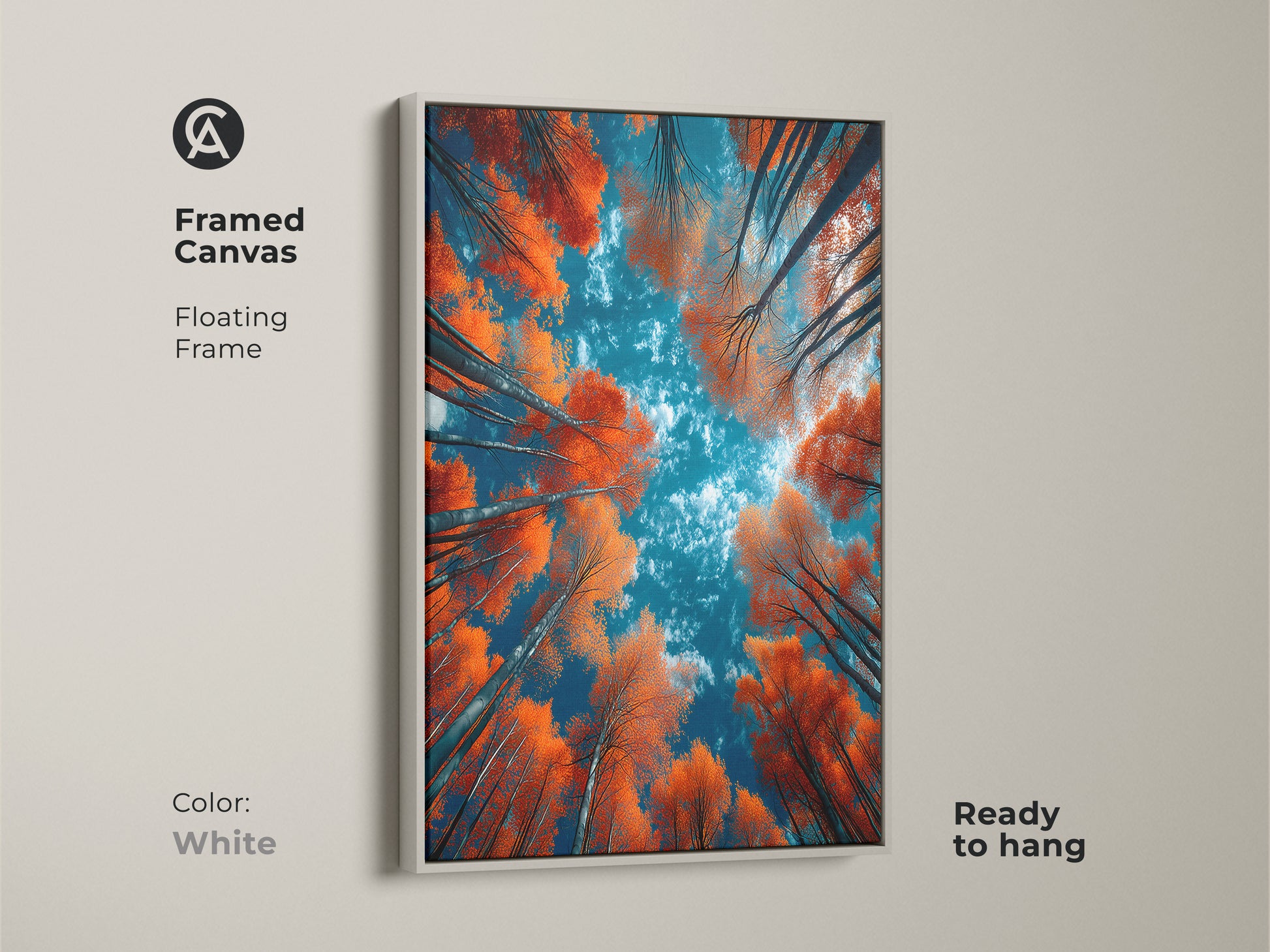 Framed canvas art showcasing a forest of orange trees and a blue sky. The white floating frame offers a clean and modern look. This ready-to-hang art is perfect for any room. Shop now for unique framed pieces. Bring nature's beauty into your home today.