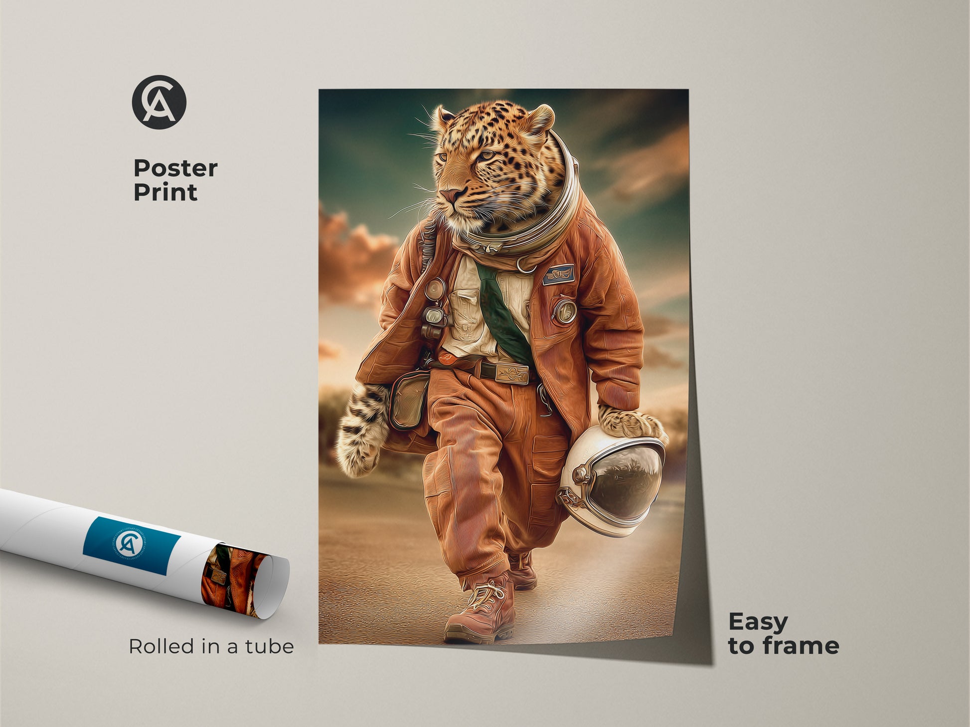 Leopard astronaut poster print rolled in a tube. Easy to frame. This is a surreal space adventure print and eclectic office wall decor. It showcases orange teal animal art. It can be a unique wildlife art piece. Perfect gift for space lovers or adventure seekers.