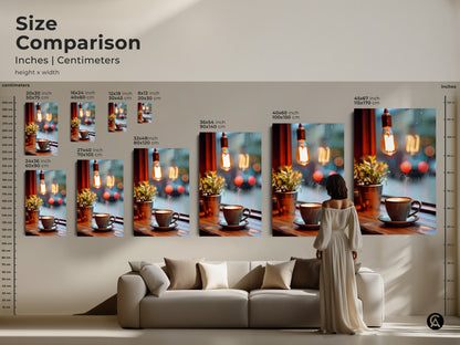 Size comparison of coffee art prints in inches and centimeters. The artwork is displayed in various sizes above a sofa to show scale. Perfect for adding a cozy coffee shop ambiance to your home. Choose the best size for your decor.