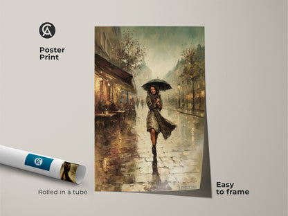 Poster print of a Parisian street cafe with a woman holding an umbrella. Rolled in a tube for easy framing. The Impressionist cityscape painting features teal yellow brown colors. Ideal wall art for french lovers. Classic city art print will enhance any space.