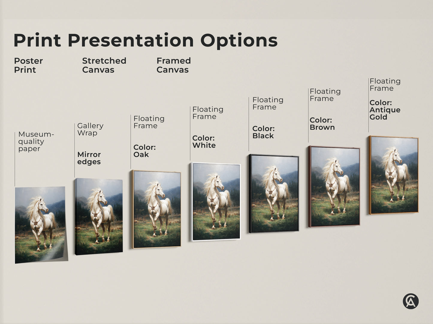 This image showcases print presentation options. See poster prints stretched canvases and framed canvases. Each features the rustic green landscape art with a white horse. Choose museum-quality paper or gallery-wrapped edges. Find the perfect piece for your equestrian home decor.