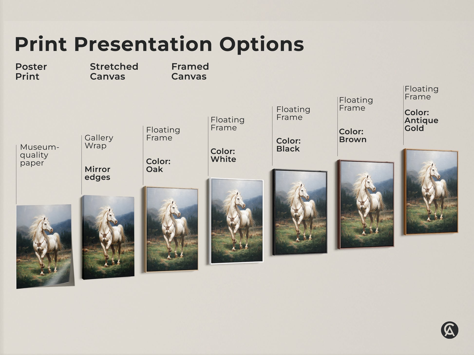 This image showcases print presentation options. See poster prints stretched canvases and framed canvases. Each features the rustic green landscape art with a white horse. Choose museum-quality paper or gallery-wrapped edges. Find the perfect piece for your equestrian home decor.