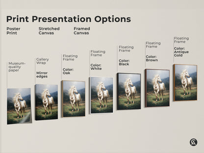 This image showcases print presentation options. See poster prints stretched canvases and framed canvases. Each features the rustic green landscape art with a white horse. Choose museum-quality paper or gallery-wrapped edges. Find the perfect piece for your equestrian home decor.