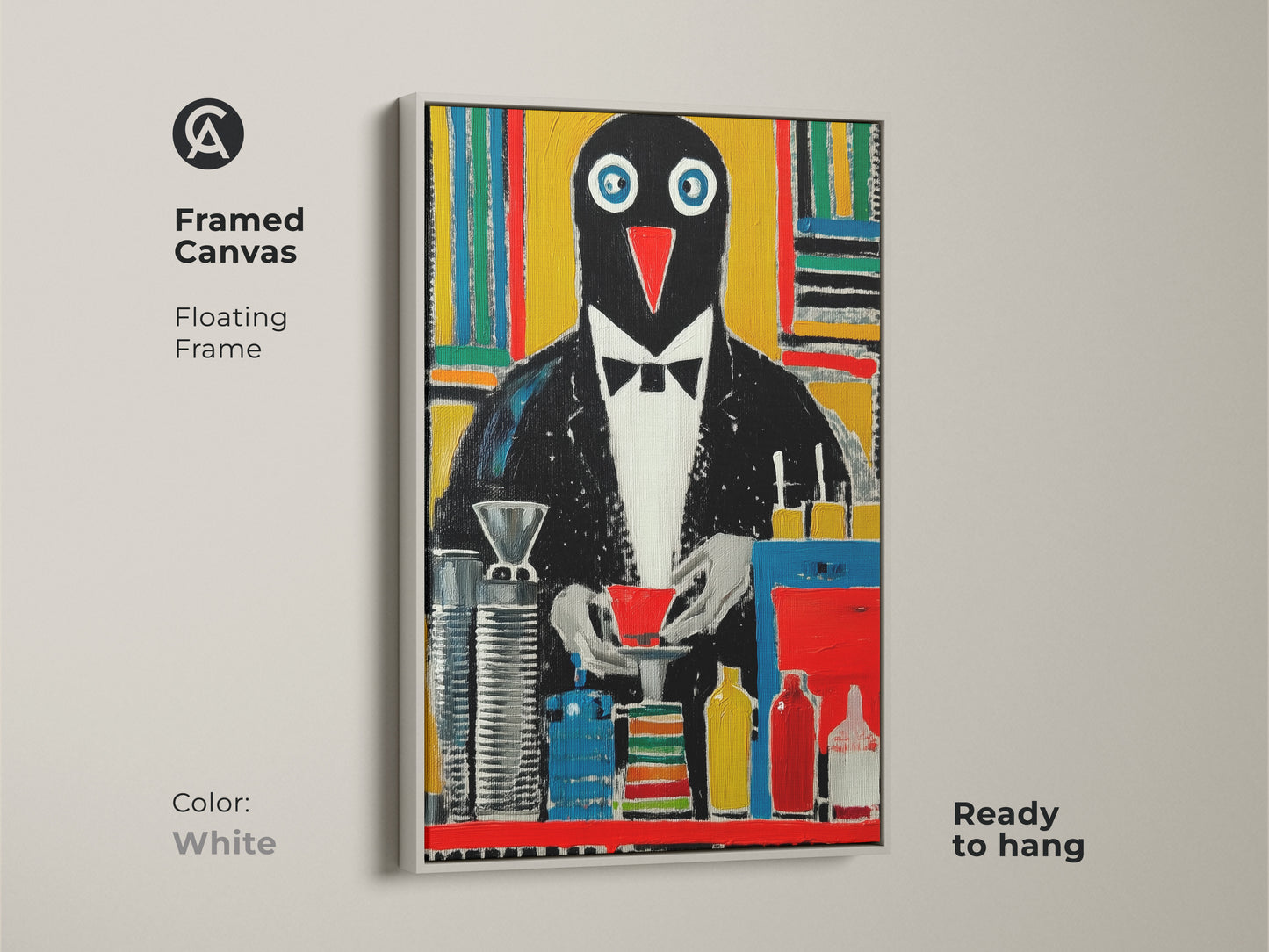 Framed Canvas of Tuxedo Penguin. This abstract penguin canvas art has a white floating frame. This humorous animal wall decor will make a great contemporary office decor