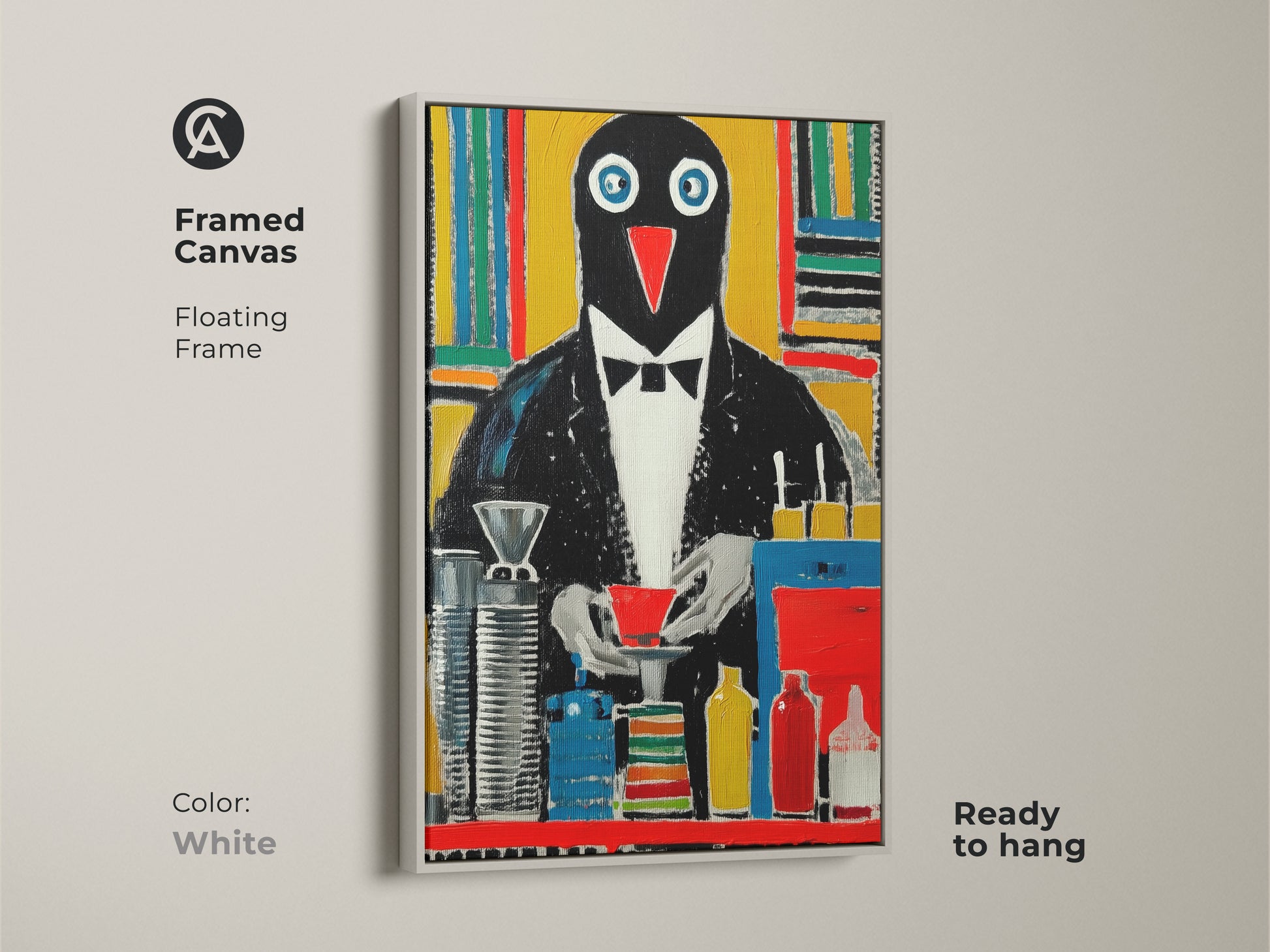 Framed Canvas of Tuxedo Penguin. This abstract penguin canvas art has a white floating frame. This humorous animal wall decor will make a great contemporary office decor