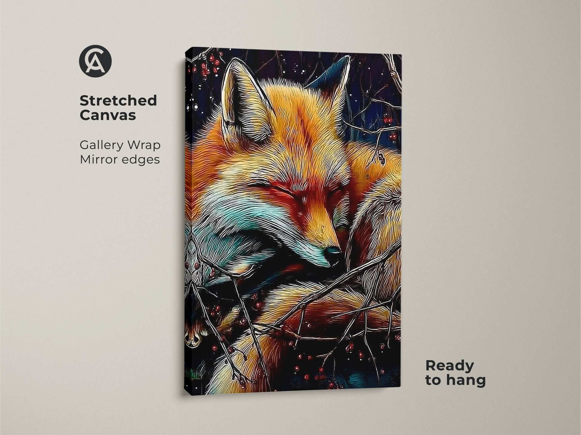 A stretched canvas shows a sleeping fox art piece. It is a gold teal wildlife wall art. The gallery wrapped canvas has mirror edges. The cozy animal canvas art is ready to hang. This nature berry branch decor will add character to any space.