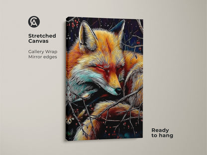 A stretched canvas shows a sleeping fox art piece. It is a gold teal wildlife wall art. The gallery wrapped canvas has mirror edges. The cozy animal canvas art is ready to hang. This nature berry branch decor will add character to any space.