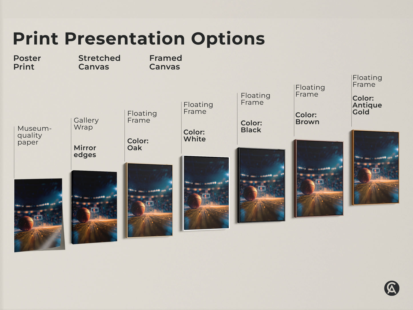Explore print presentation options for basketball art. Choose from poster prints stretched canvas and framed canvas. Find the perfect style to match your taste. Each option highlights the dynamic basketball court scene. Elevate your space with sporty art.