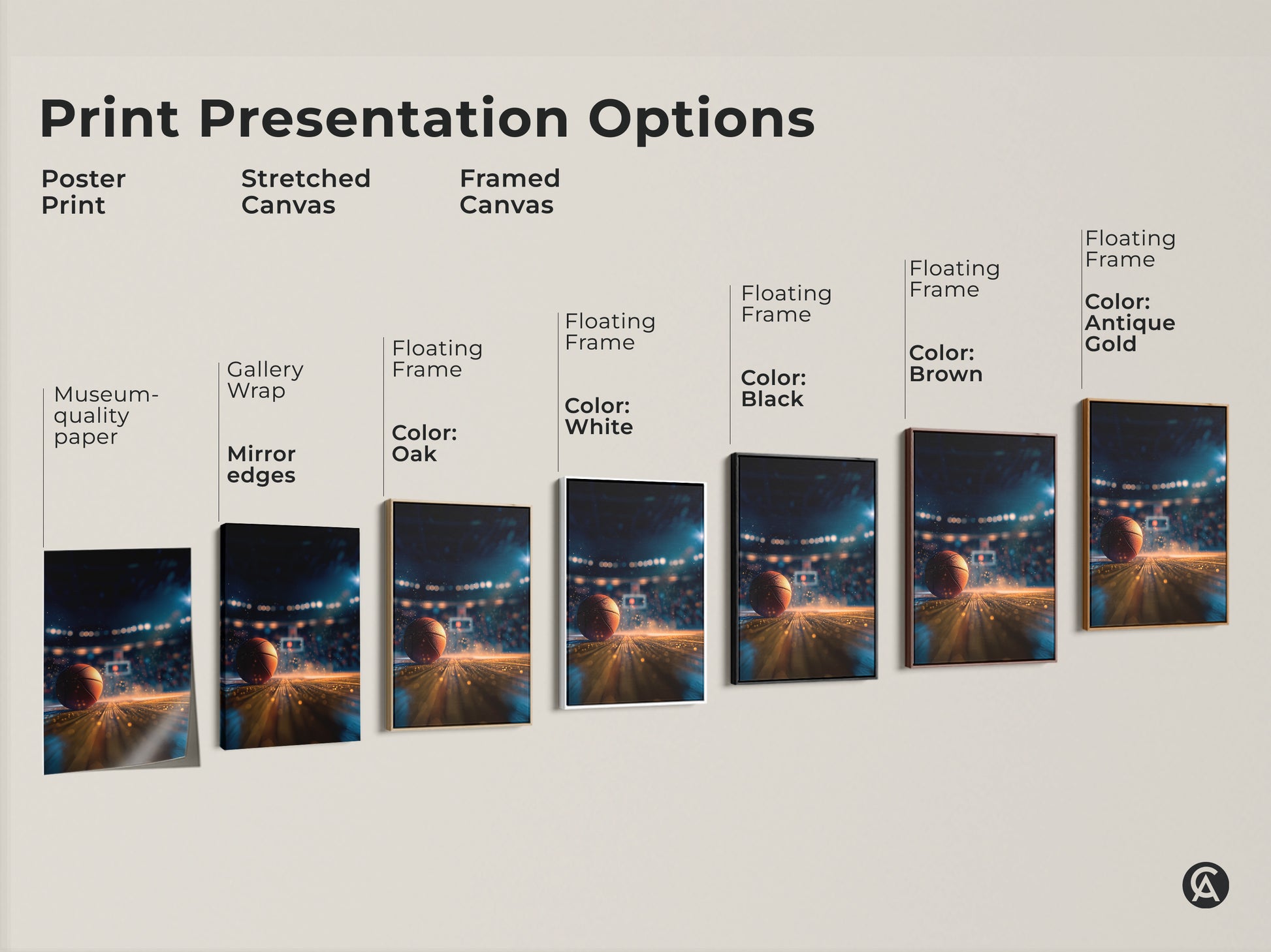 Explore print presentation options for basketball art. Choose from poster prints stretched canvas and framed canvas. Find the perfect style to match your taste. Each option highlights the dynamic basketball court scene. Elevate your space with sporty art.