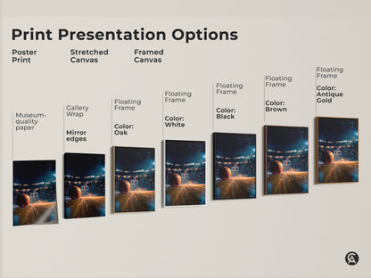 Explore print presentation options for basketball art. Choose from poster prints stretched canvas and framed canvas. Find the perfect style to match your taste. Each option highlights the dynamic basketball court scene. Elevate your space with sporty art.