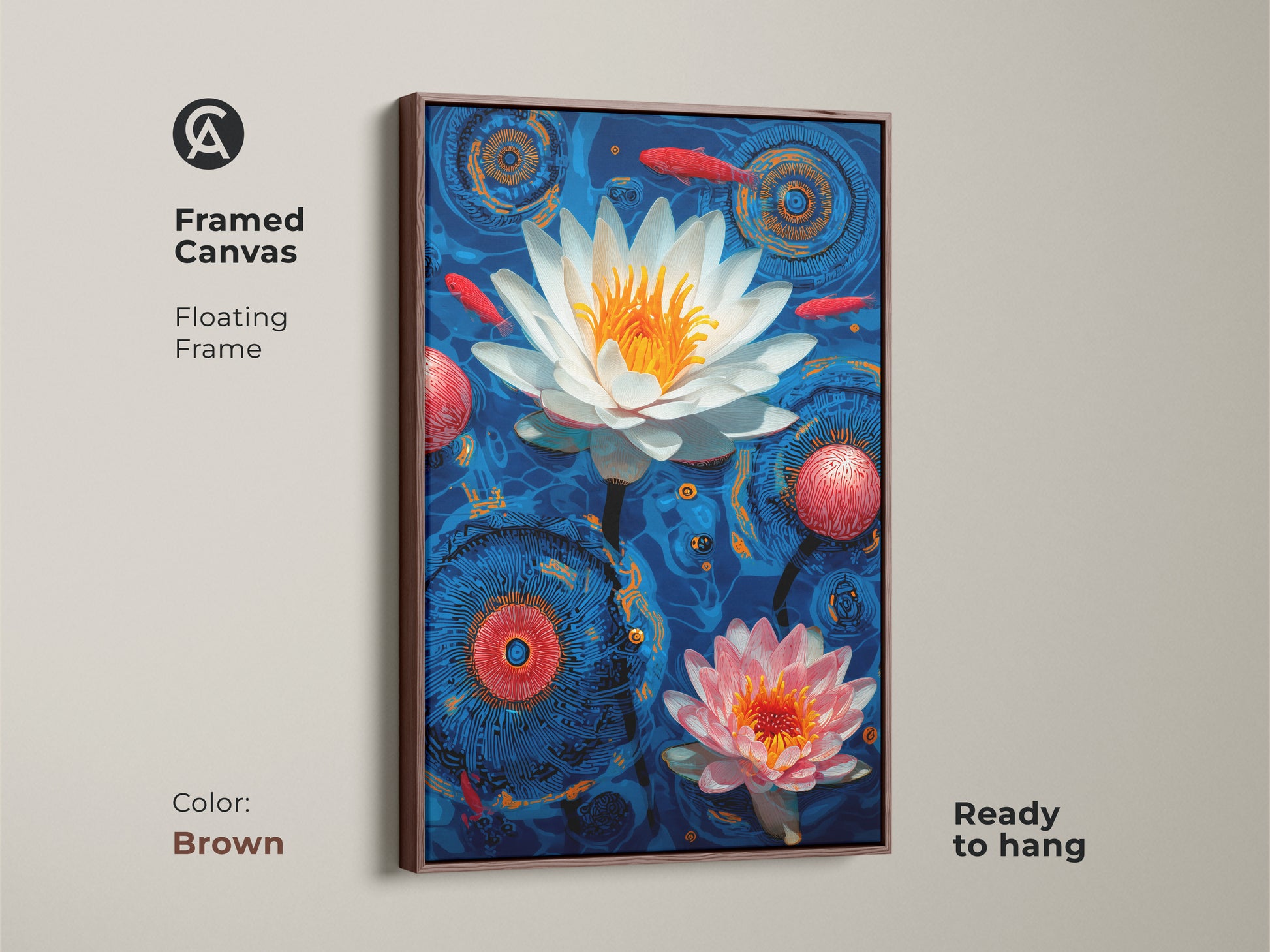Framed Canvas with a brown floating frame displaying water lilies and koi fish in a Modern Folk art style. The deep blue orange and red colors create a visually striking botanical piece. Ready to hang this framed canvas enhances any space