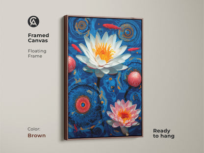 Framed Canvas with a brown floating frame displaying water lilies and koi fish in a Modern Folk art style. The deep blue orange and red colors create a visually striking botanical piece. Ready to hang this framed canvas enhances any space