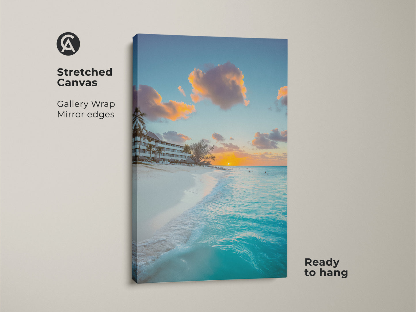 Stretched canvas of a turquoise ocean sunset. Gallery wrap with mirror edges adds a luxury look. Ready to hang coastal beach wall art. Tropical landscape photography brings a summer vacation into your home. Perfect art for a coastal living room.