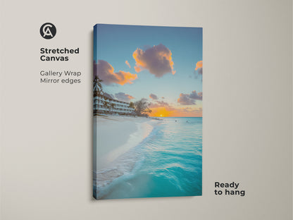 Stretched canvas of a turquoise ocean sunset. Gallery wrap with mirror edges adds a luxury look. Ready to hang coastal beach wall art. Tropical landscape photography brings a summer vacation into your home. Perfect art for a coastal living room.